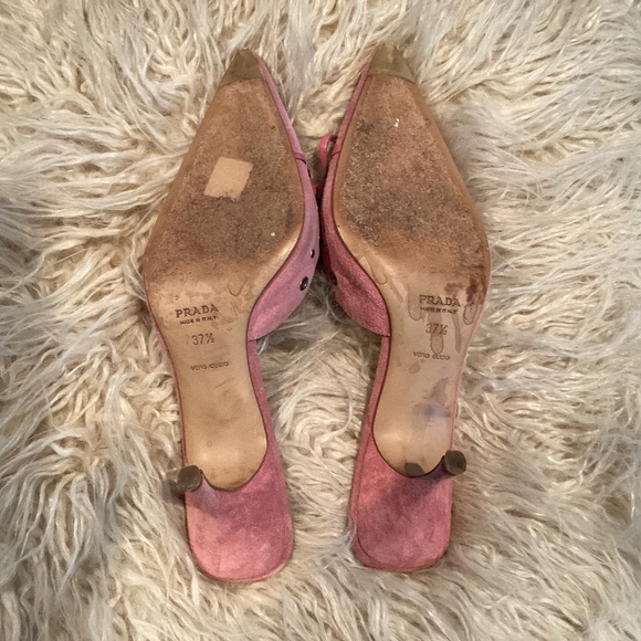 Prada Pink Suede With Leather Bow Open Back Kitten Heels, Size 37 1/2 - Picture 4 of 5